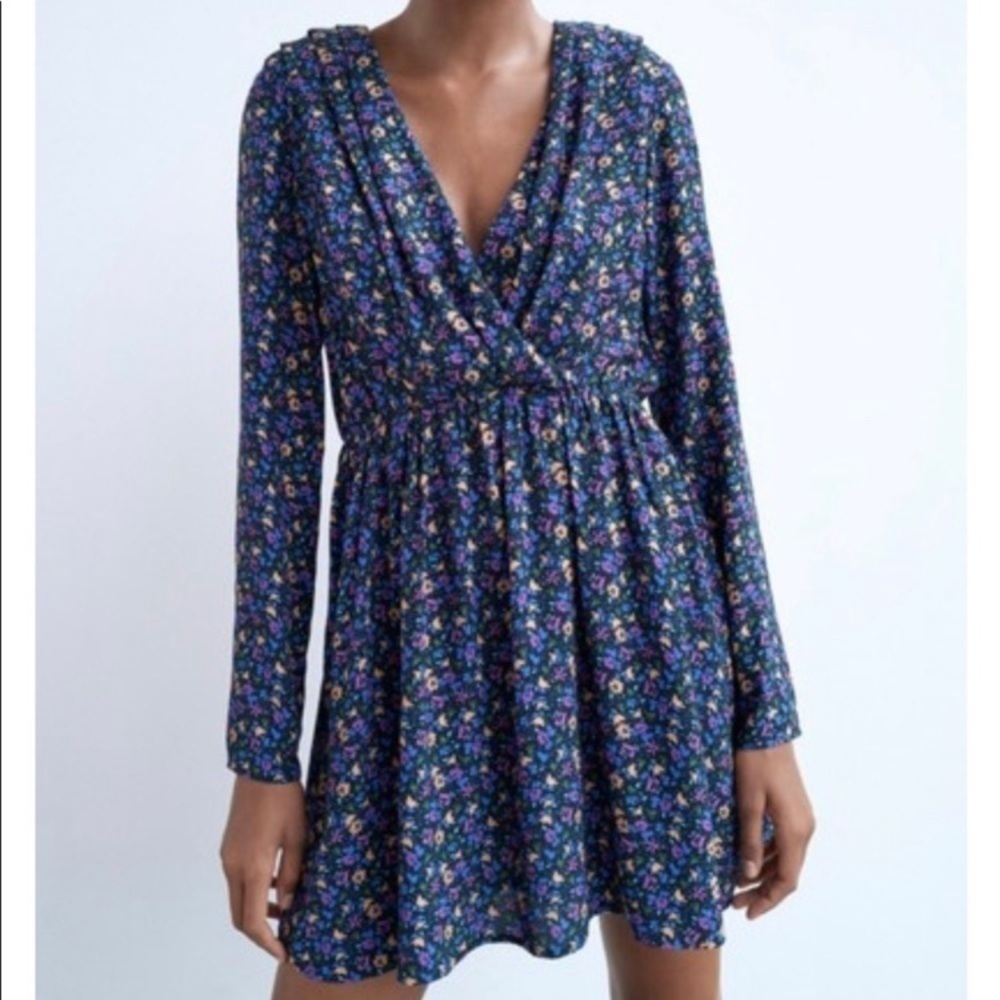 Zara purple blue floral 80s 90s grunge midi dress size M padded shoulders